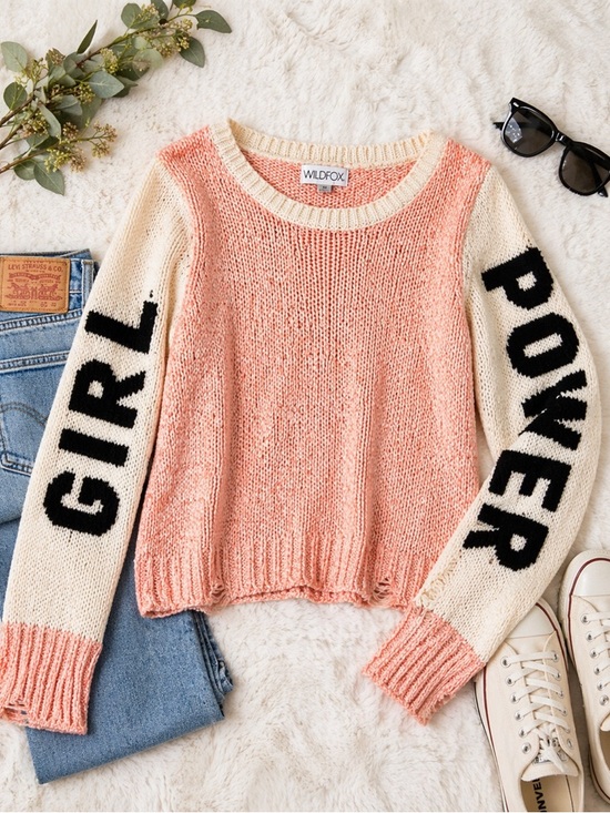 Wildfox Sweaters - Wildfox Girl Power Pink Knit Sweater Distressed Graphic Pullover Medium